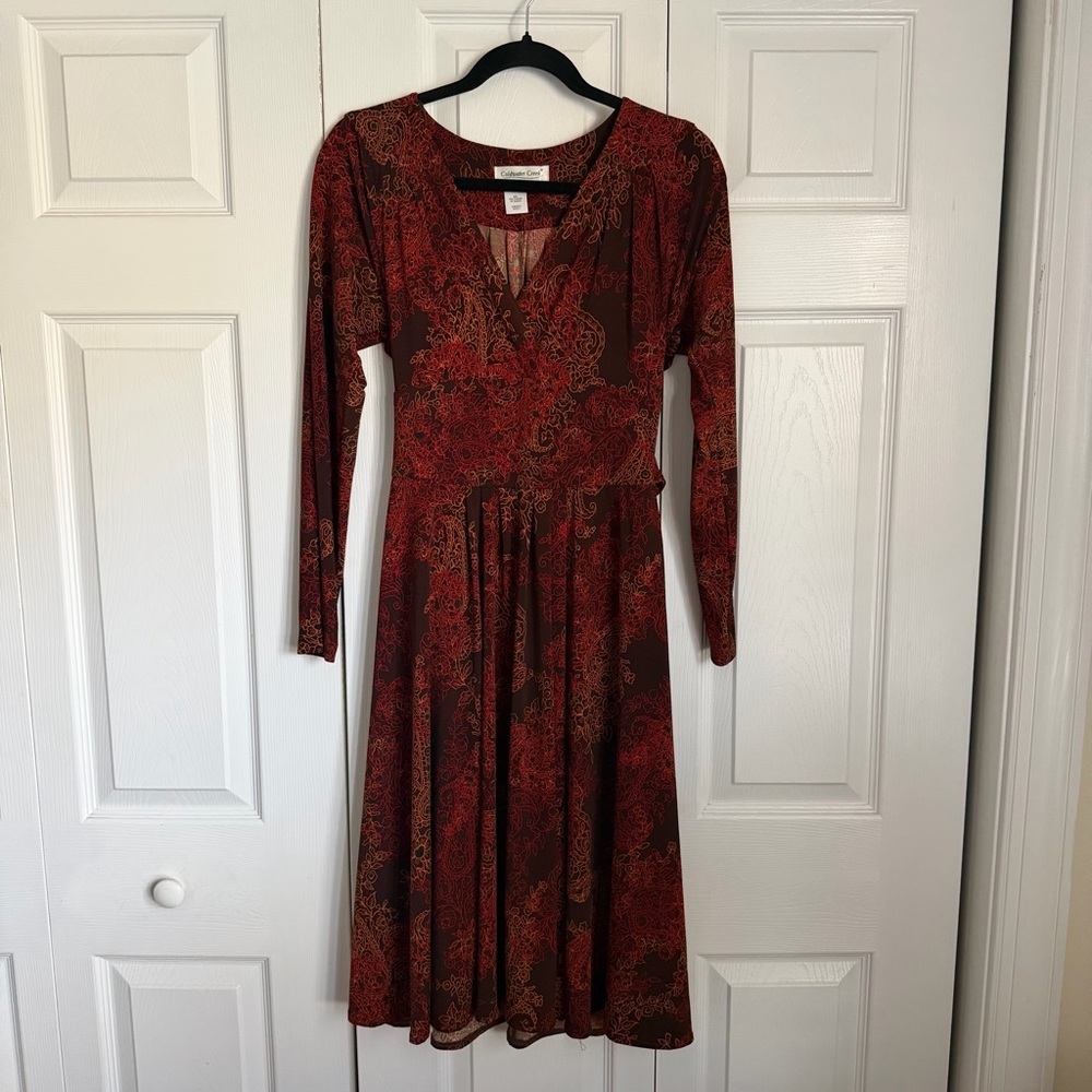 Coldwater Creek Dress Womens 6 Brown Floral V Neck Fit & Flare Midi Long Sleeve